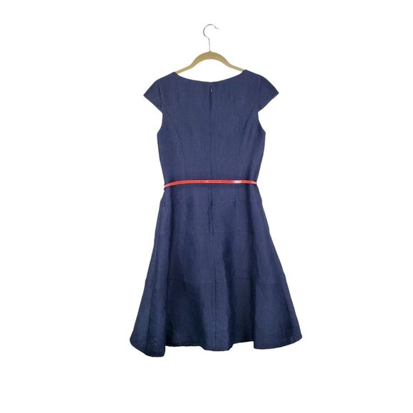 Jones Studio Cap Sleeve Swing Dress Navy Blue Woven Burlap A-Line Retro Size 4 - Picture 2 of 10